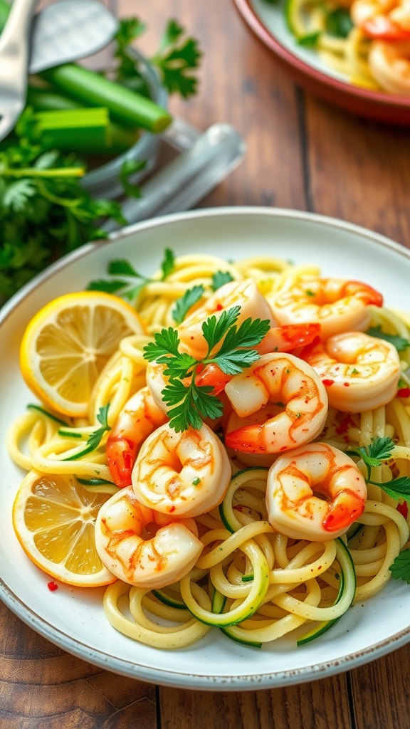 Garlic butter shrimp with zucchini noodles garnished with parsley and lemon, on a rustic table.